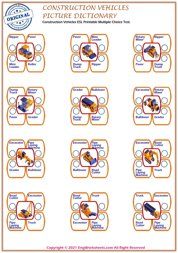 Construction Vehicles ESL Printable Multiple Choice Test.