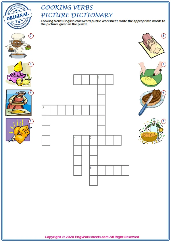 Cooking Verbs English crossword puzzle worksheet, write the appropriate words to the pictures given in the puzzle.