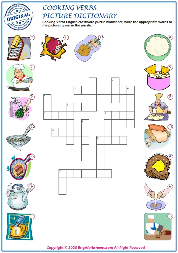 Cooking Verbs English crossword puzzle worksheet, write the appropriate words to the pictures given in the puzzle. Worksheet Preview