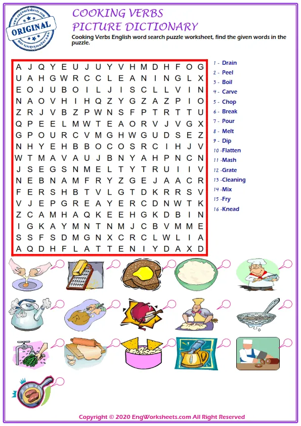 Cooking Verbs English word search puzzle worksheet, find the given words in the puzzle. Worksheet Preview