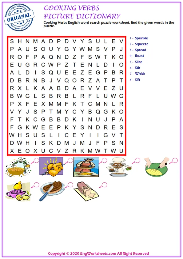 Cooking Verbs English word search puzzle worksheet, find the given words in the puzzle.