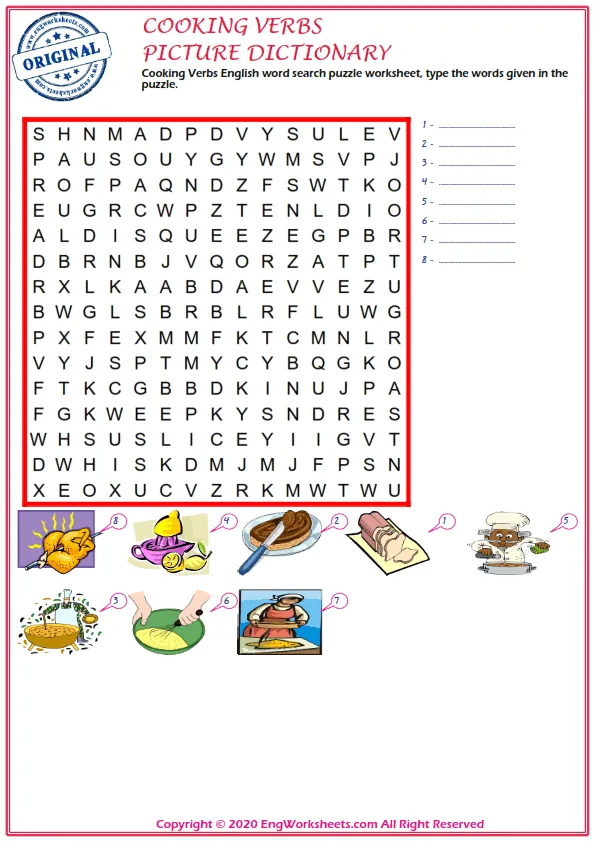 Cooking Verbs English word search puzzle worksheet, type the words given in the puzzle. Worksheet Preview