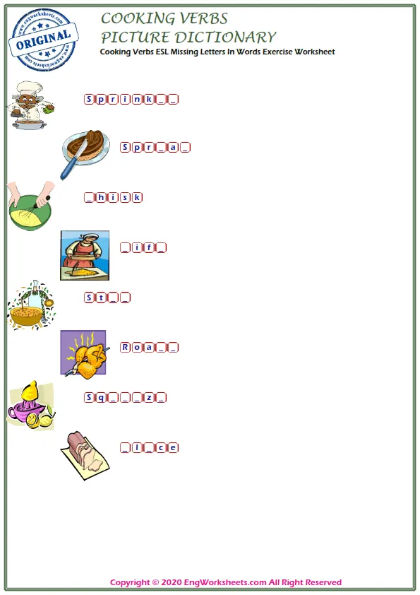 Cooking Verbs ESL Missing Letters In Words Exercise Worksheet