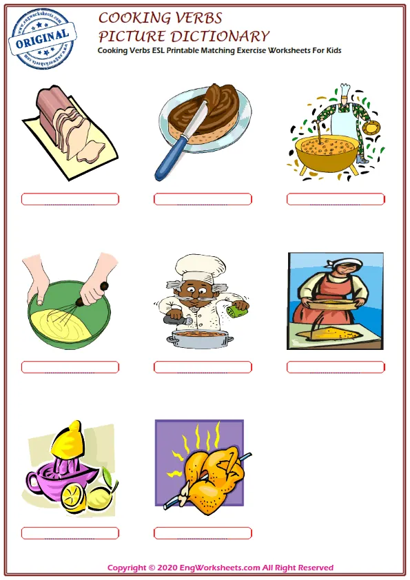 Cooking Verbs ESL Printable Matching Exercise Worksheets For Kids Worksheet Preview