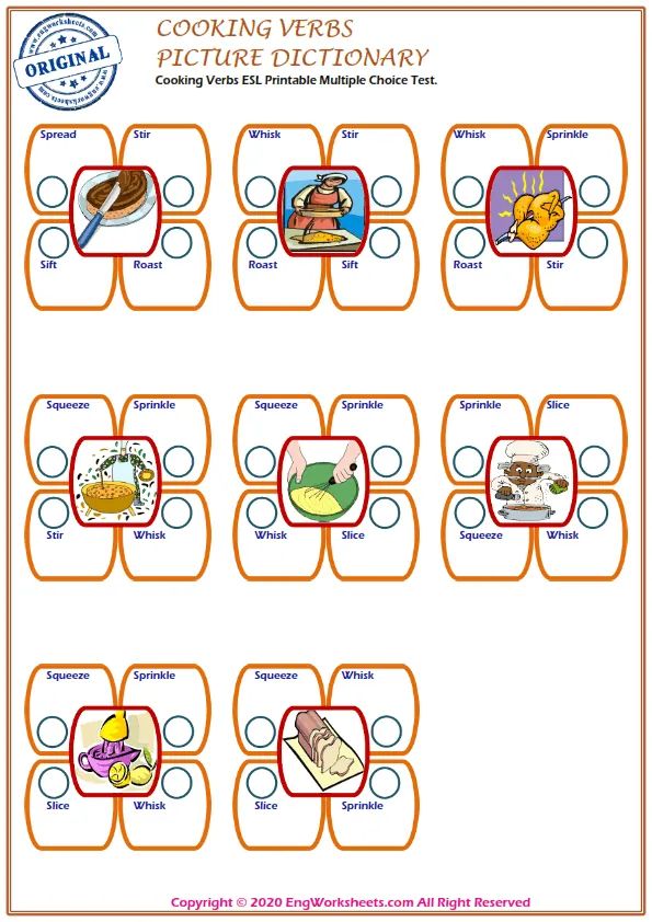 Cooking Verbs ESL Printable Multiple Choice Test.