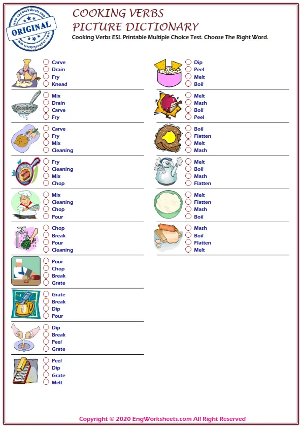 Cooking Verbs ESL Printable Multiple Choice Test. Choose The Right Word. Worksheet Preview