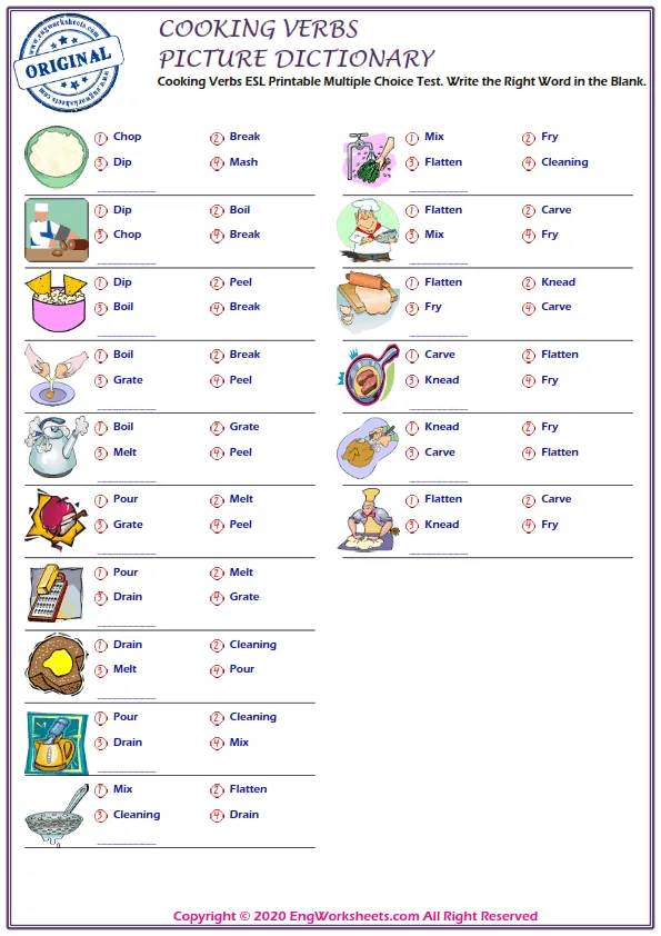Cooking Verbs ESL Printable Multiple Choice Test. Write the Right Word in the Blank. Worksheet Preview