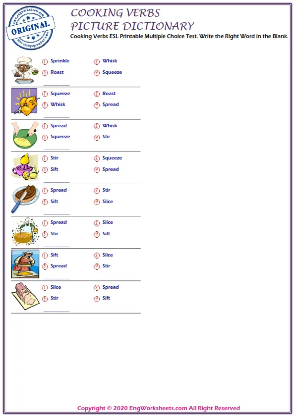 Cooking Verbs ESL Printable Multiple Choice Test. Write the Right Word in the Blank.