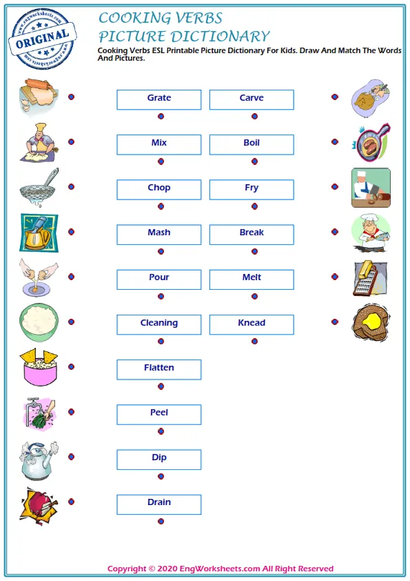 Cooking Verbs ESL Printable Picture Dictionary For Kids. Draw And Match The Words And Pictures. Worksheet Preview