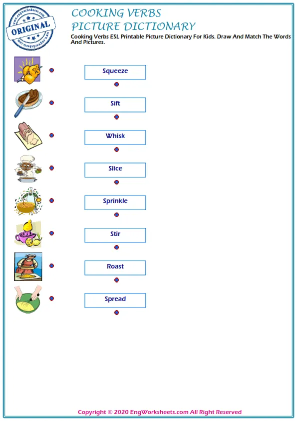 Cooking Verbs ESL Printable Picture Dictionary For Kids. Draw And Match The Words And Pictures.