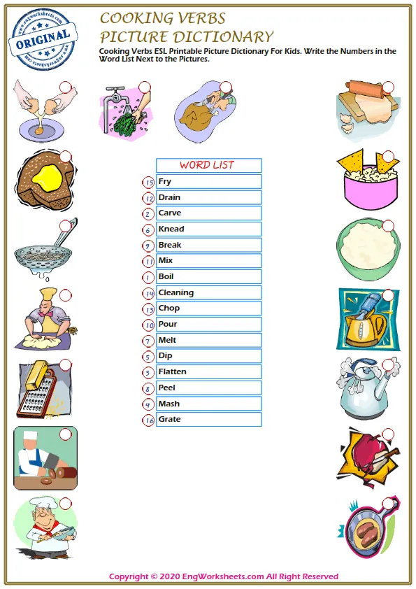 Cooking Verbs ESL Printable Picture Dictionary For Kids. Write the Numbers in the Word List Next to the Pictures. Worksheet Preview