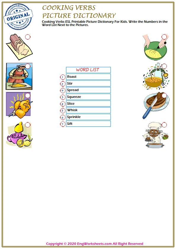 Cooking Verbs ESL Printable Picture Dictionary For Kids. Write the Numbers in the Word List Next to the Pictures.