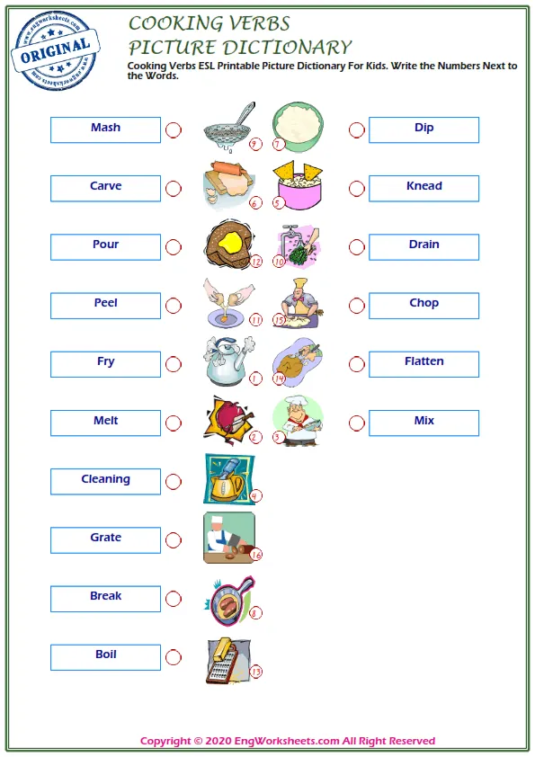 Cooking Verbs ESL Printable Picture Dictionary For Kids. Write the Numbers Next to the Words. Worksheet Preview