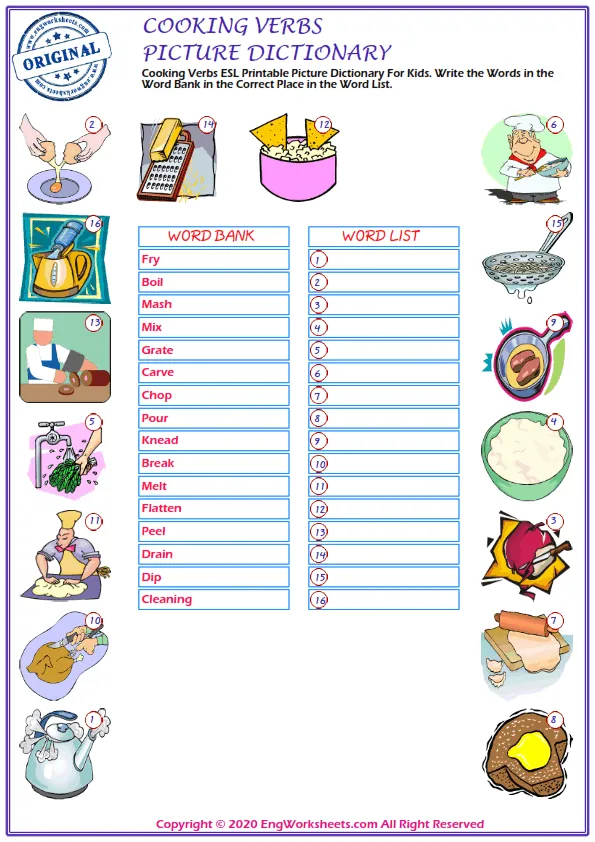 Cooking Verbs ESL Printable Picture Dictionary For Kids. Write the Words in the Word Bank in the Correct Place in the Word List. Worksheet Preview