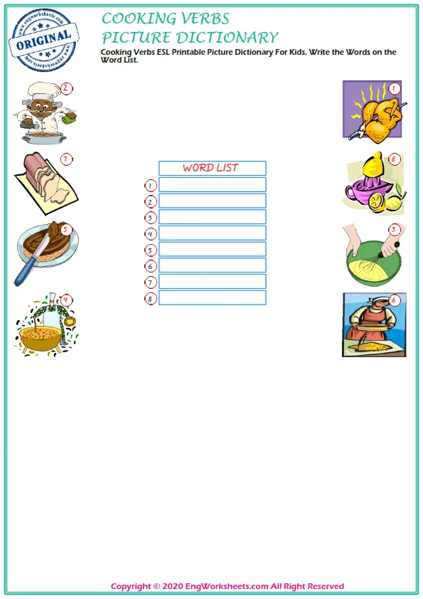Cooking Verbs ESL Printable Picture Dictionary For Kids. Write the Words on the Word List.