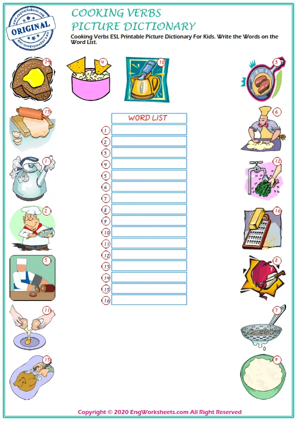 Cooking Verbs ESL Printable Picture Dictionary For Kids. Write the Words on the Word List. Worksheet Preview