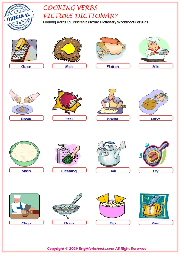 Cooking Verbs ESL Printable Picture Dictionary Worksheet For Kids Worksheet Preview