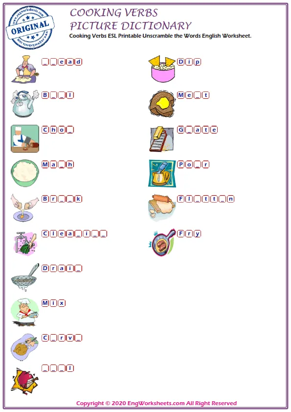 Cooking Verbs ESL Printable Unscramble the Words English Worksheet. Worksheet Preview