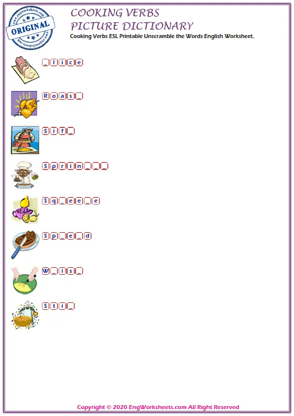 Cooking Verbs ESL Printable Unscramble the Words English Worksheet.