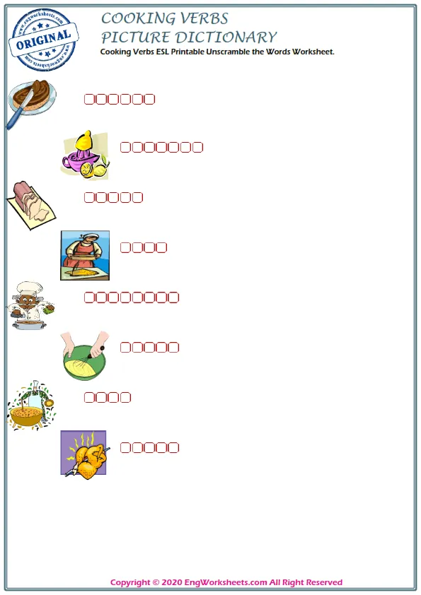 Cooking Verbs ESL Printable Unscramble the Words Worksheet.