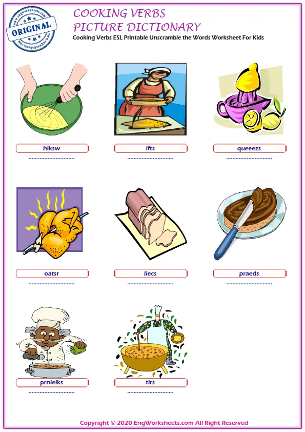 Cooking Verbs ESL Printable Unscramble the Words Worksheet For Kids