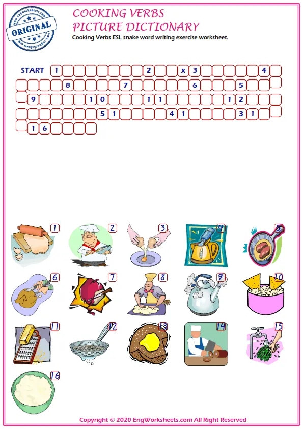 Cooking Verbs ESL snake word writing exercise worksheet. Worksheet Preview