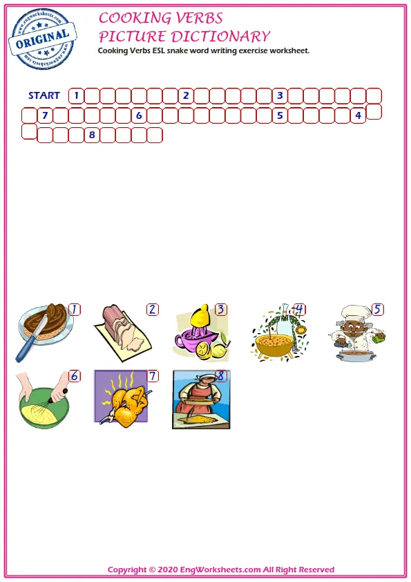 Cooking Verbs ESL snake word writing exercise worksheet. Worksheet Preview