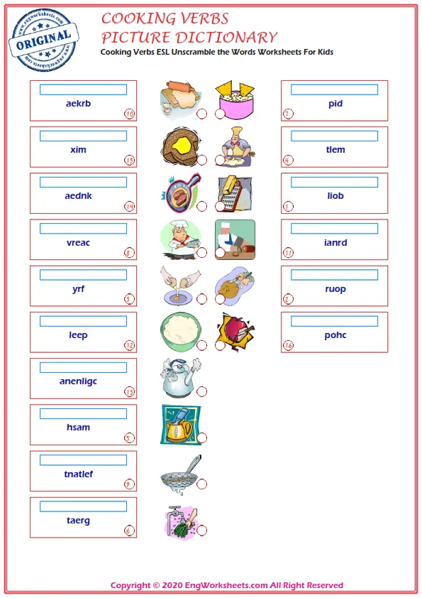 Cooking Verbs ESL Unscramble the Words Worksheets For Kids Worksheet Preview