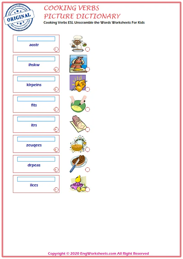 Cooking Verbs ESL Unscramble the Words Worksheets For Kids