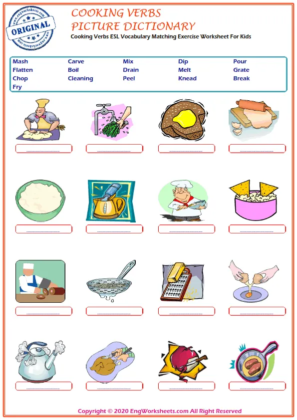 Cooking Verbs ESL Vocabulary Matching Exercise Worksheet For Kids Worksheet Preview