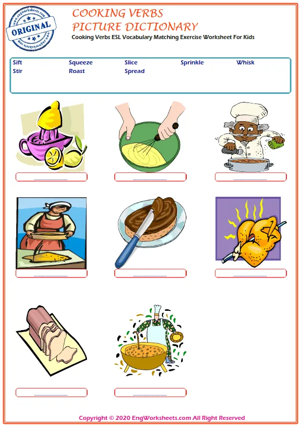 Cooking Verbs ESL Vocabulary Matching Exercise Worksheet For Kids