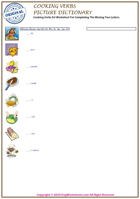 Cooking Verbs Esl Worksheet For Completing The Missing Two Letters.