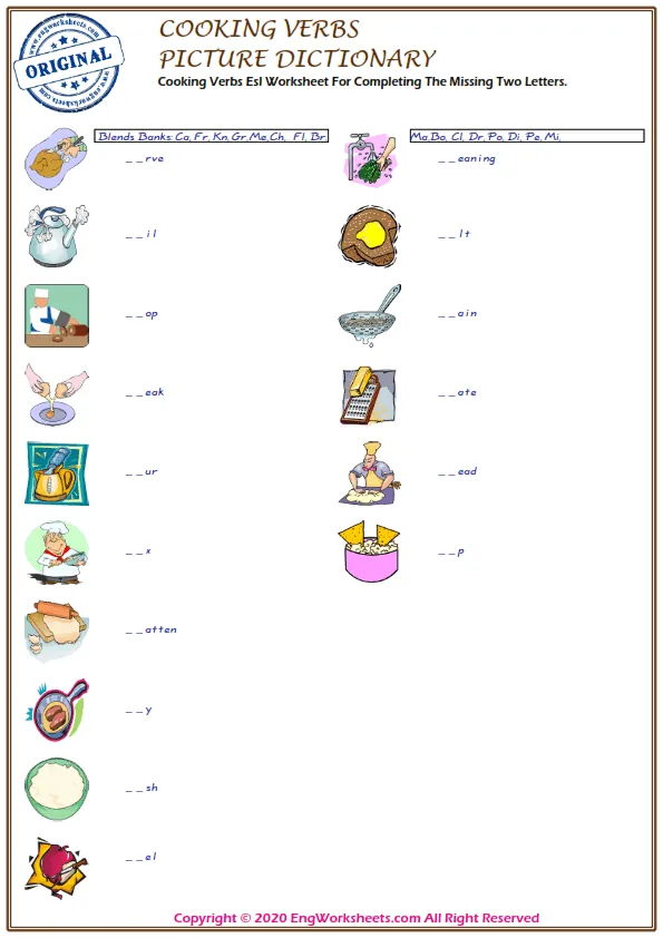 Cooking Verbs Esl Worksheet For Completing The Missing Two Letters. Worksheet Preview