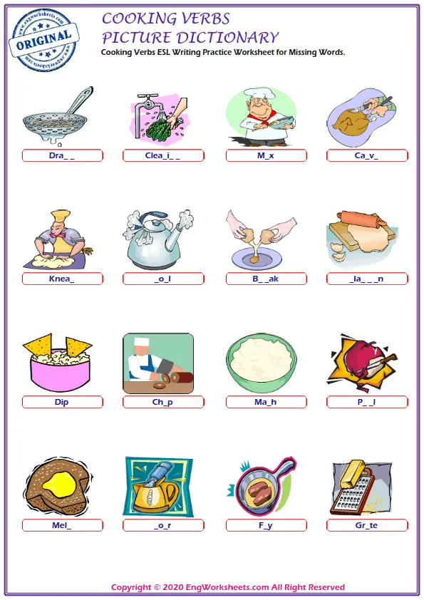 Cooking Verbs ESL Writing Practice Worksheet for Missing Words. Worksheet Preview