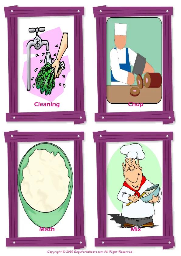 Cooking Verbs vocabulary worksheet with words, four images per page Worksheet Preview