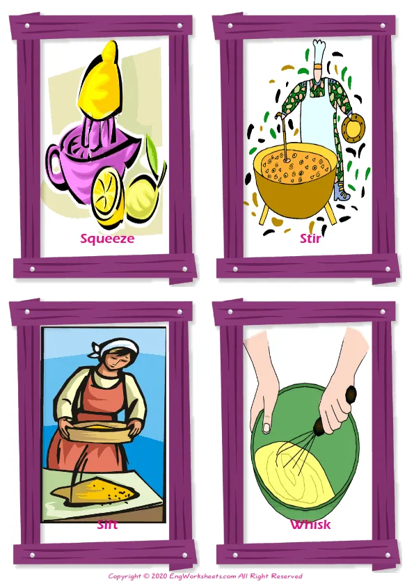 Cooking Verbs vocabulary worksheet with words, four images per page