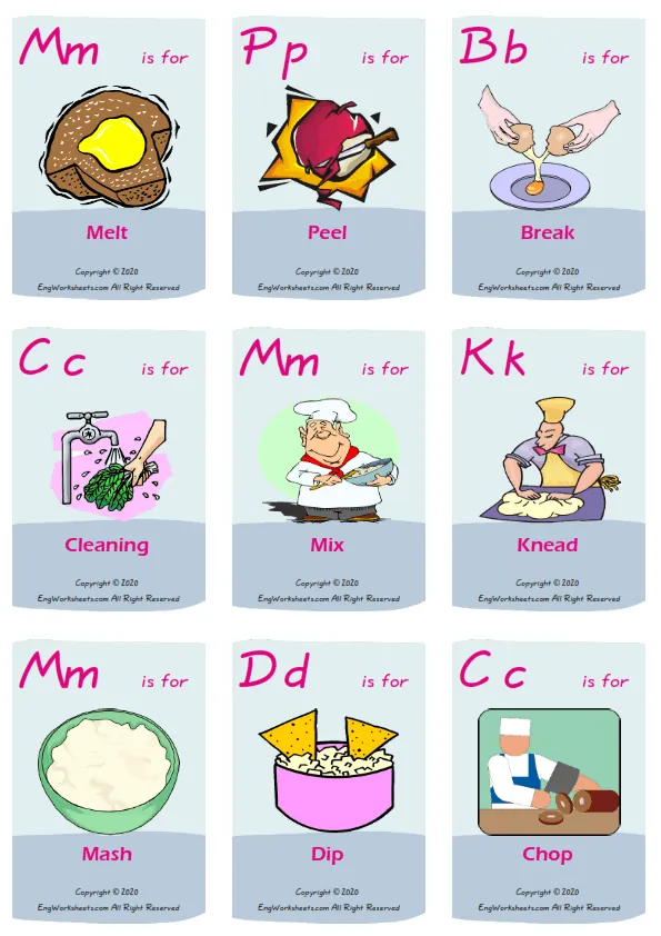Cooking Verbs vocabulary worksheet with words, nine images per page
