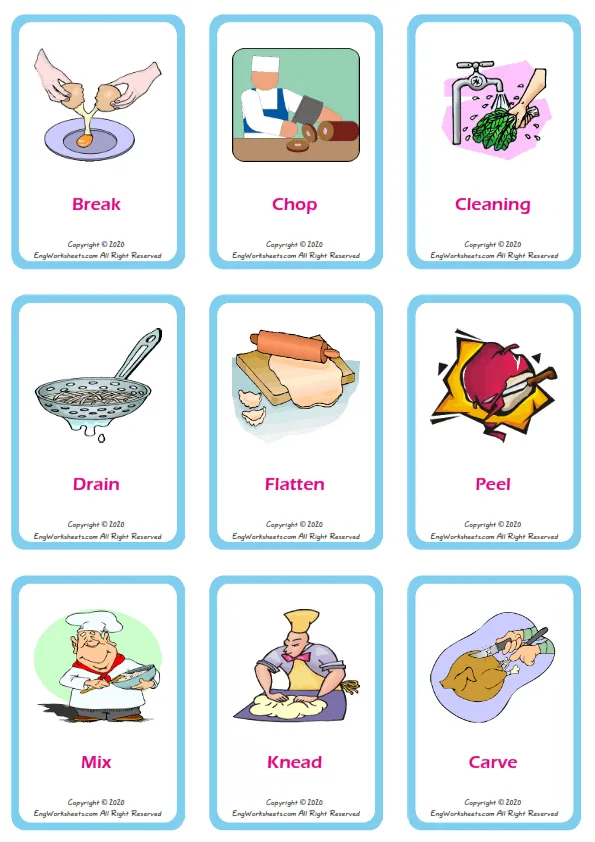Cooking Verbs vocabulary worksheet with words, nine images per page