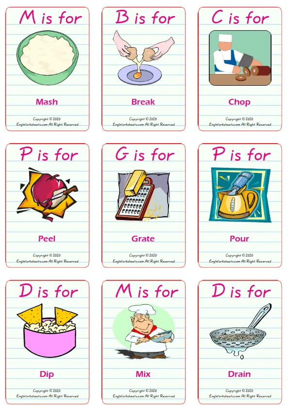 Cooking Verbs vocabulary worksheet with words, nine images per page