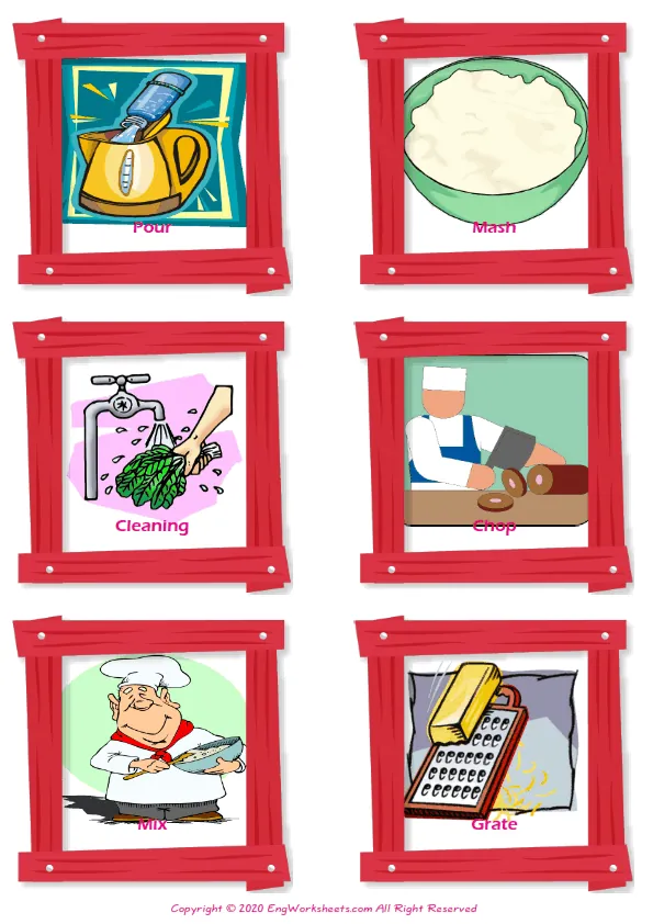 Cooking Verbs vocabulary worksheet with words, six images per page Worksheet Preview