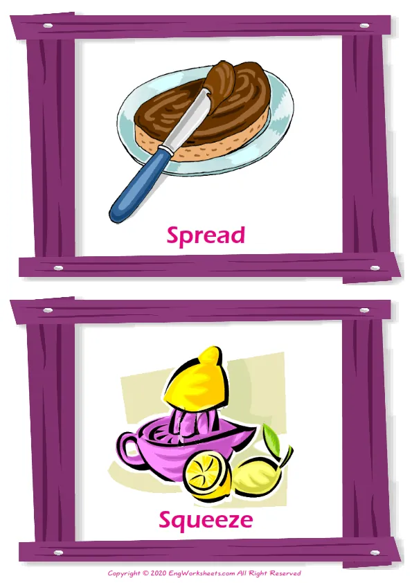 Cooking Verbs vocabulary worksheet with words, two images per page