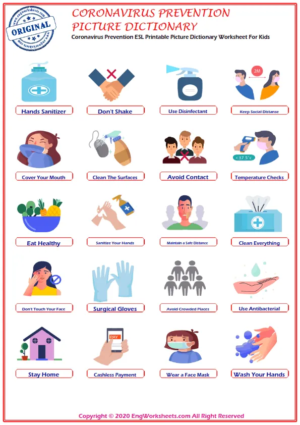 Coronavirus Prevention ESL Printable Unscramble the Words Worksheet.