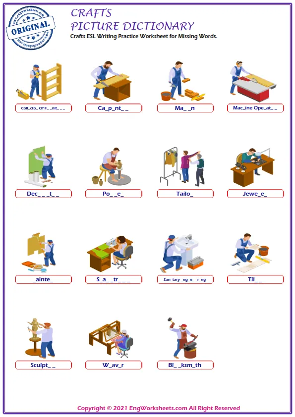 Crafts ESL Writing Practice Worksheet for Missing Words.