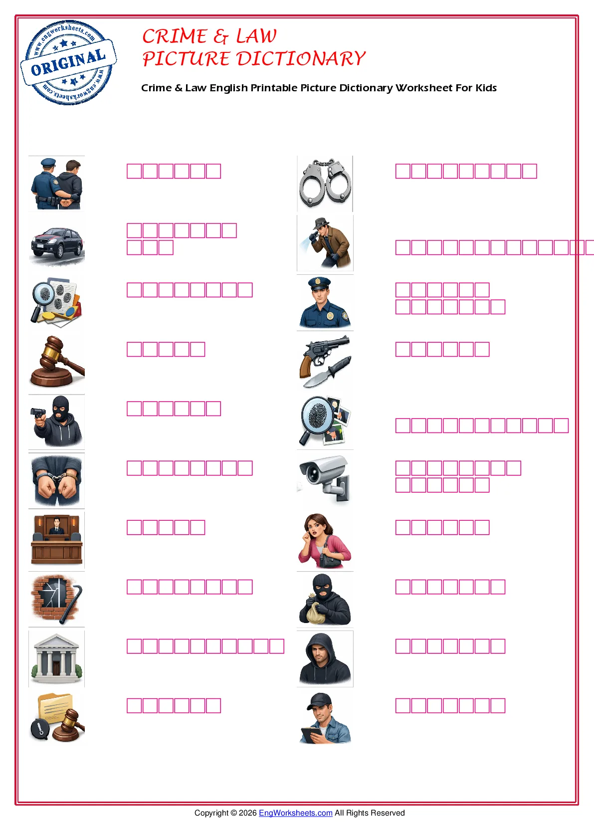 Crime & Law English Printable Picture Dictionary Worksheet For Kids Worksheet Preview