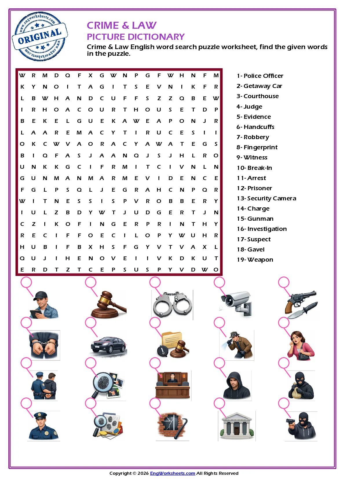 Crime & Law English word search puzzle worksheet, find the given words in the puzzle. Worksheet Preview