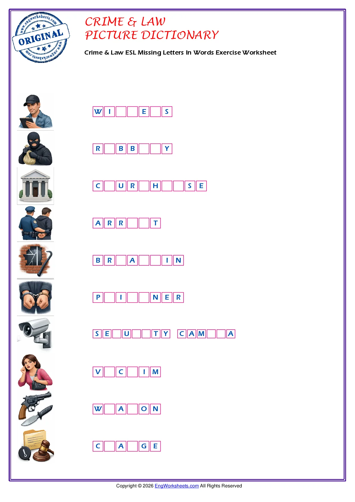 Crime & Law ESL Missing Letters In Words Exercise Worksheet Worksheet Preview