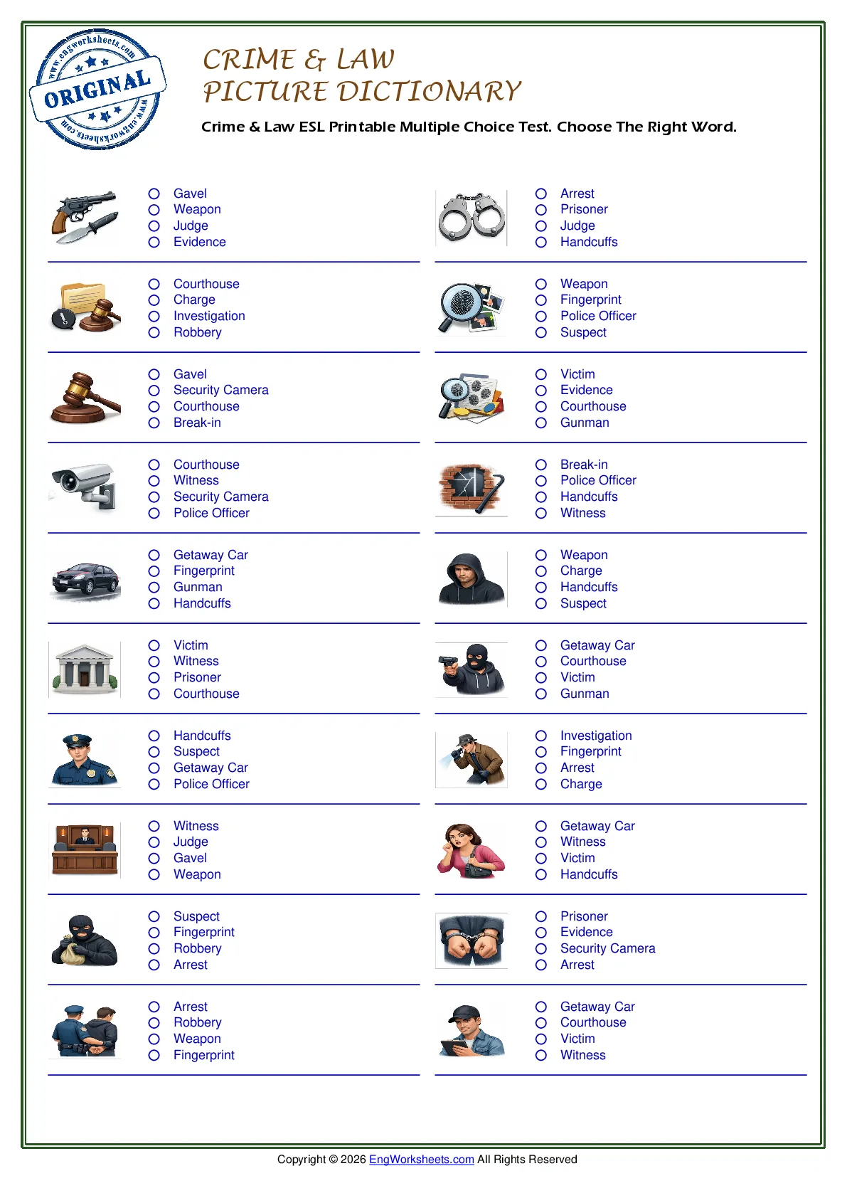 Crime & Law ESL Printable Multiple Choice Test. Choose The Right Word. Worksheet Preview
