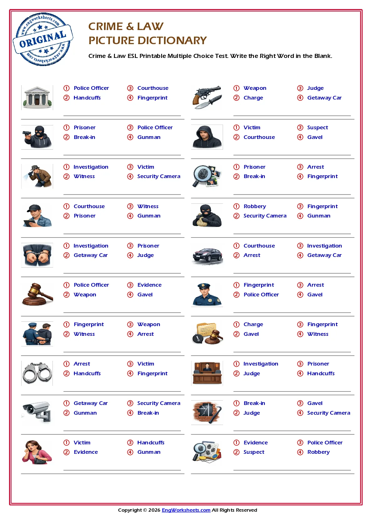 Crime & Law ESL Printable Multiple Choice Test. Write the Right Word in the Blank. Worksheet Preview