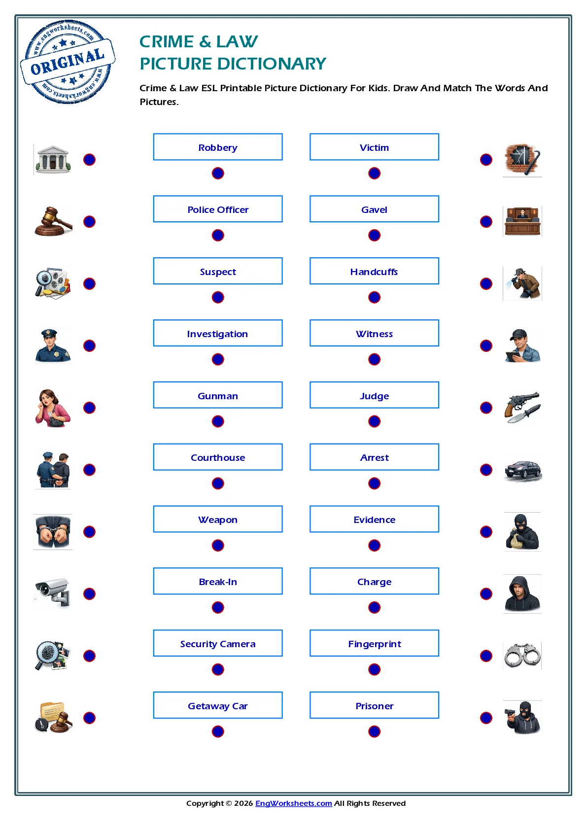 Crime & Law ESL Printable Picture Dictionary For Kids. Draw And Match The Words And Pictures. Worksheet Preview
