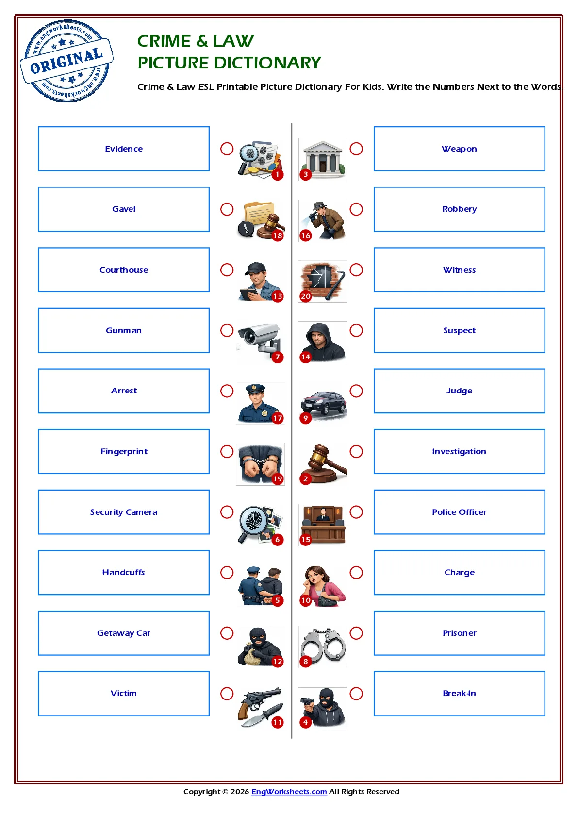 Crime & Law ESL Printable Picture Dictionary For Kids. Write the Numbers Next to the Words. Worksheet Preview
